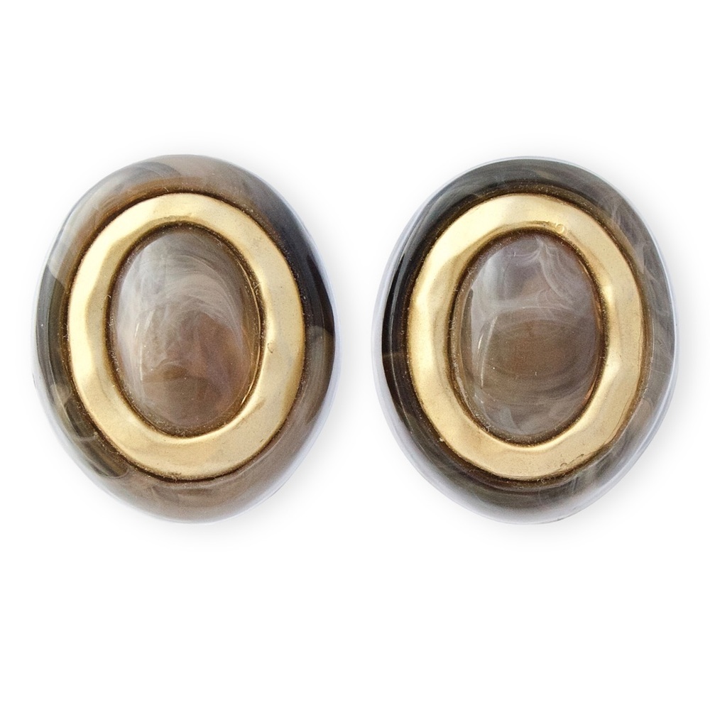 Vintage Lucite Clip On Earrings Large Chunky Oval Grey Faux Agate Gold Tone